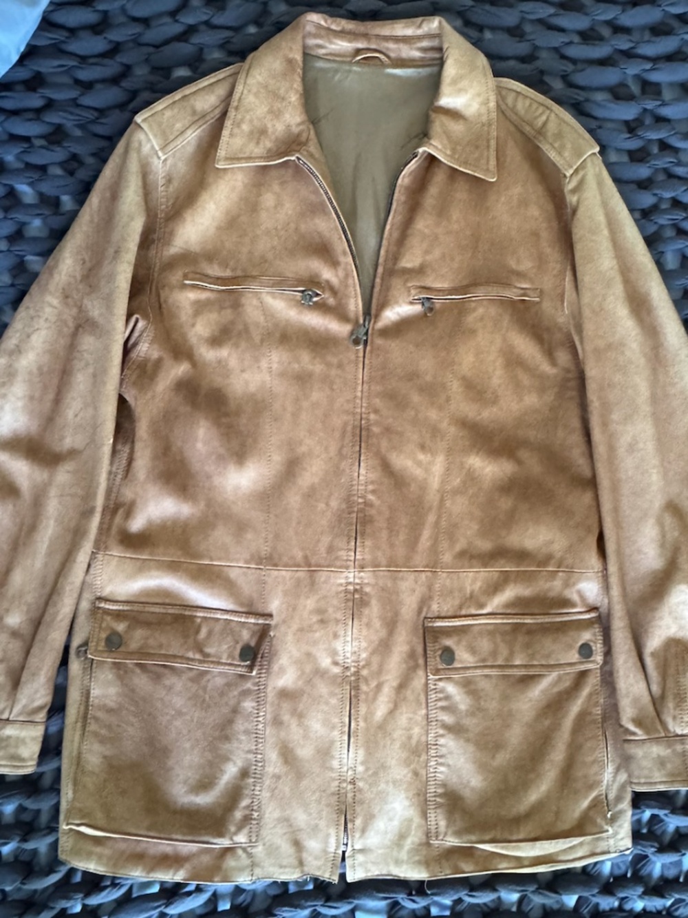 Salvatore Ferragamo men's mid-weight leather jacket in camel, Size IT 54